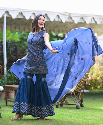 Royal Blue Block Print Sharara Suit Set